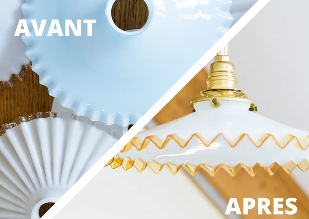 luminaires upclycling jaune et bleu avant après
